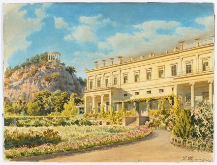 Л. Премацци. Дворец в.к. Константина Николаевича в Ореанде. Крым. 1860. Бумага, картон, акварель, карандаш, тушь, перо.  Государственный музей истории Санкт-Петербурга