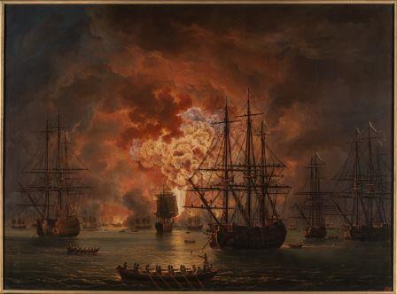 Я. Ф. Хаккерт. Гибель турецкого флота в Чесменском бою. 1771. Холст, масло. 1771. Государственный Эрмитаж