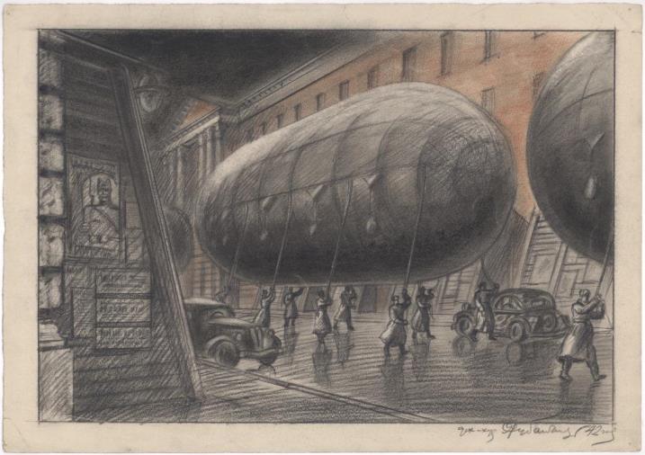 Я. О. Рубанчик.  1942 год (По улицам «слонов» водили). 1942. Бумага, карандаш, цветной карандаш. ГМИ СПб