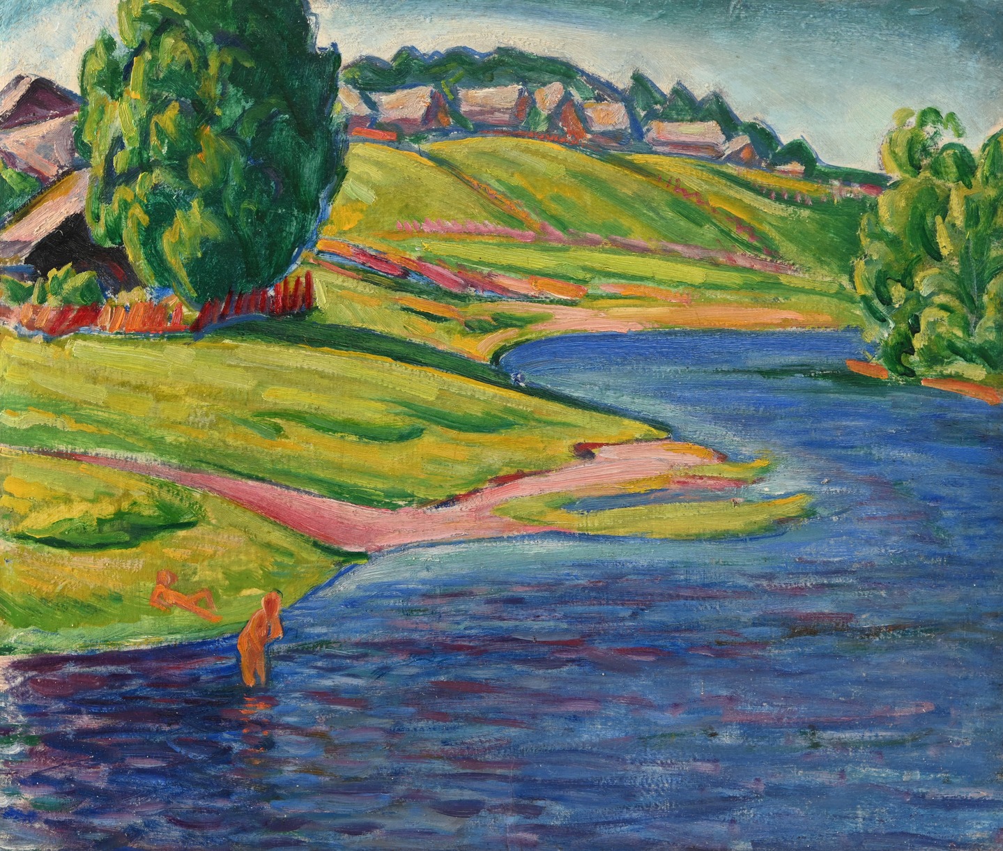 С. Я. Шлейфер. Сельский пейзаж с купальщицами. Картон, масло. 1915 – 1924. ГМИ СПб.