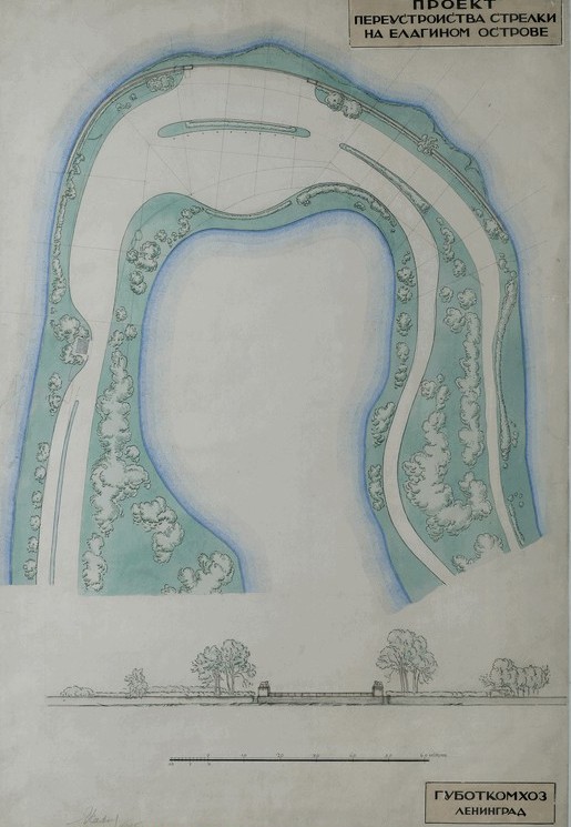 Project for the reconstruction of the "Point" on Elagin Island in Leningrad. Plan, facade. 1925