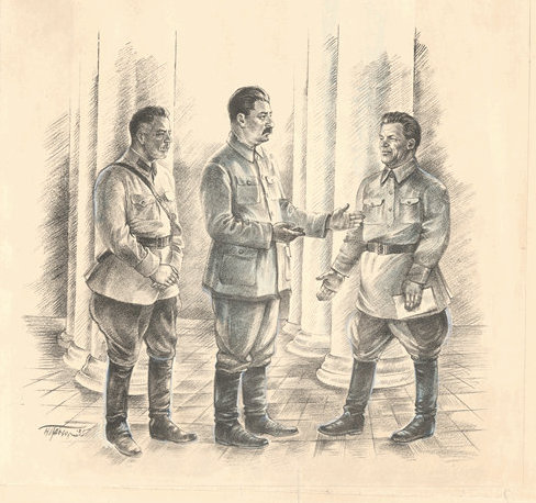 Н.Д. Прохоров. К. Е. Ворошилов, И. В. Сталин, С. М. Киров. 1935