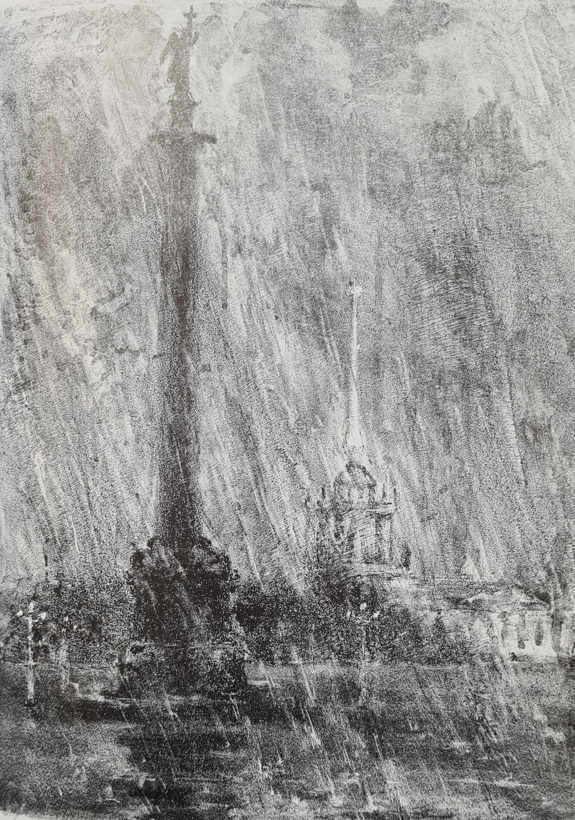 А. Л. Каплан. Александровская колонна. Ливень. Литография. 1944