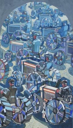 Евграфов Николай Иванович.  Трактор на испытании. Эскиз панно для оформления клуба.  1930.  Бумага, карандаш, акварель. ГМИ СПб.