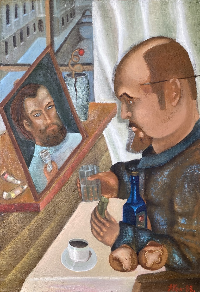 А. И. Полушкин. Будь здоров, Владлен Васильевич! (автопортрет с художником В. В. Гаврильчиком). Холст, масло. 1988.