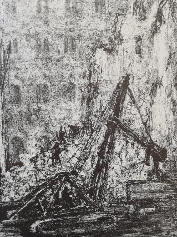 А. Л. Каплан. Разбор разрушенного дома. Литография. 1946