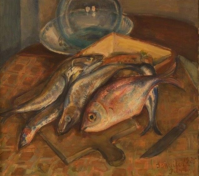 С. Я. Шлейфер. Натюрморт с рыбой. Коленкор, масло. 1935. ТОКГ.