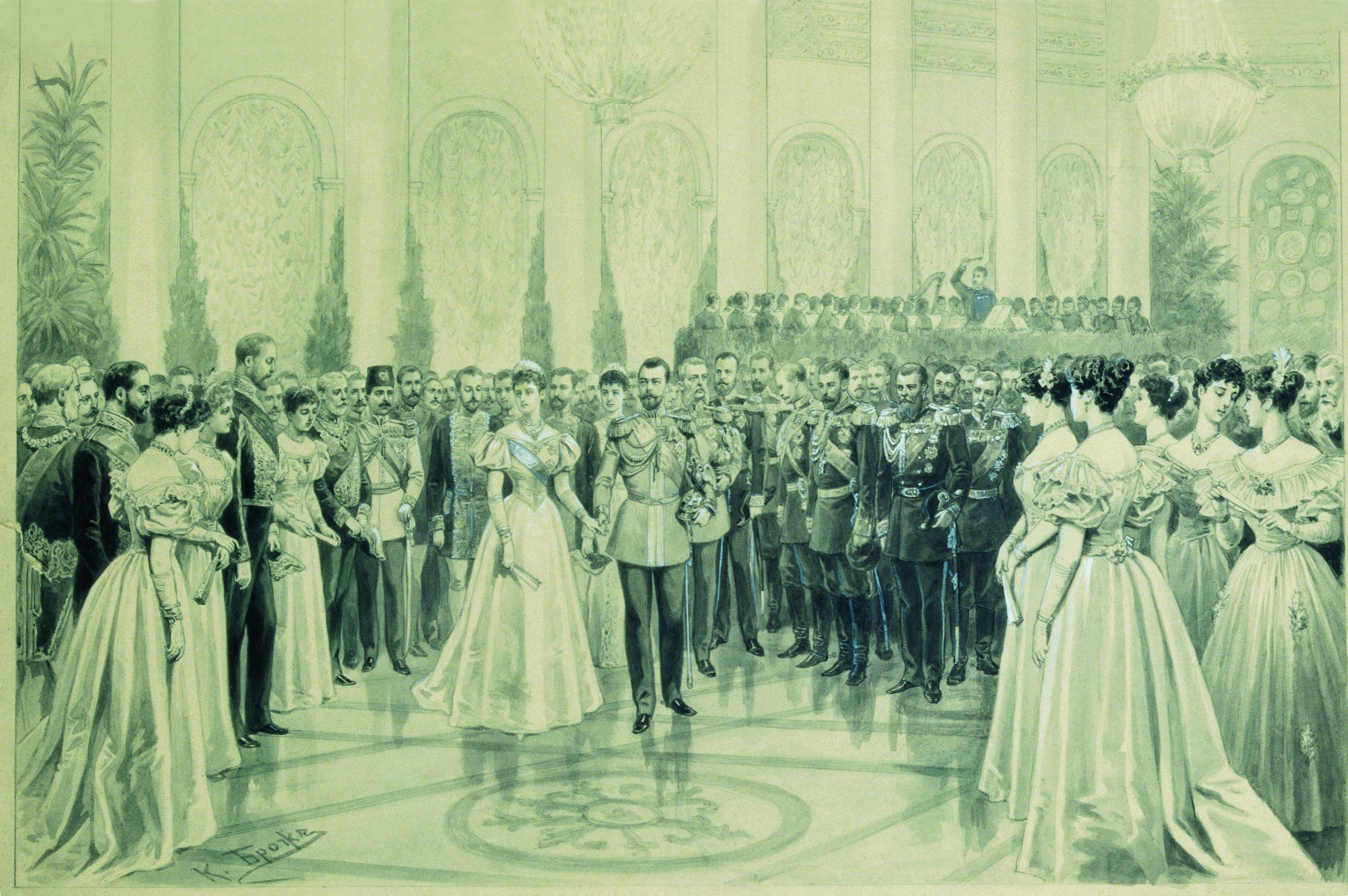К. О. Брож.  Придворный бал в Николаевском зале Зимнего дворца.  1896.  Картон, тушь, белила.  ГМИ СПб
