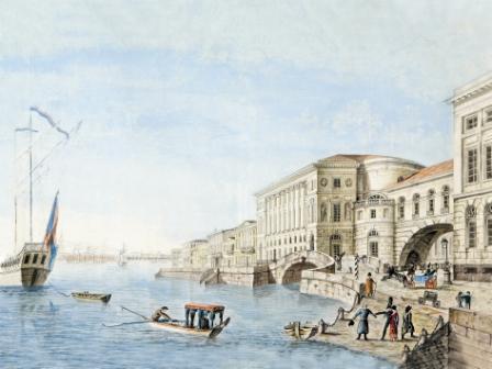 Неизвестный художник. Вид части Дворцовой набережной. 1820-е. Бумага, карандаш, акварель, белила.